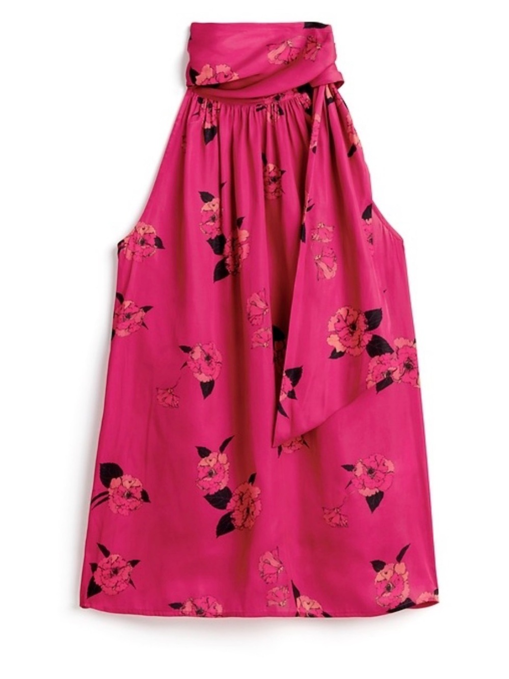 Banana Republic Hot Pink Floral Soft Satin Tie- Neck Blouse